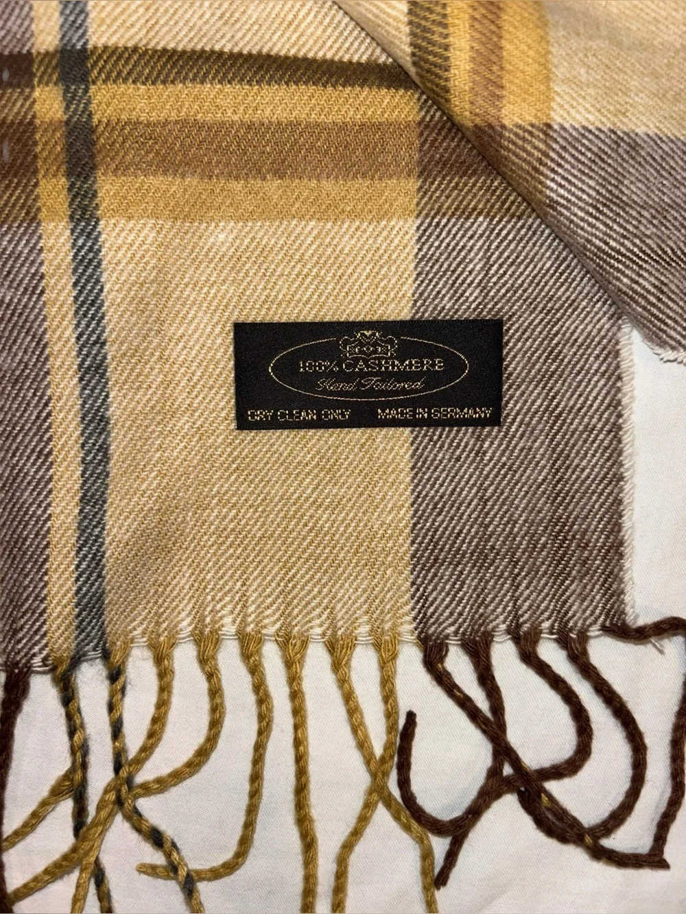 Vintage 80s 100% Cashmere Scarf Hand Tailored in Germany Earthy Plaid 72x12”